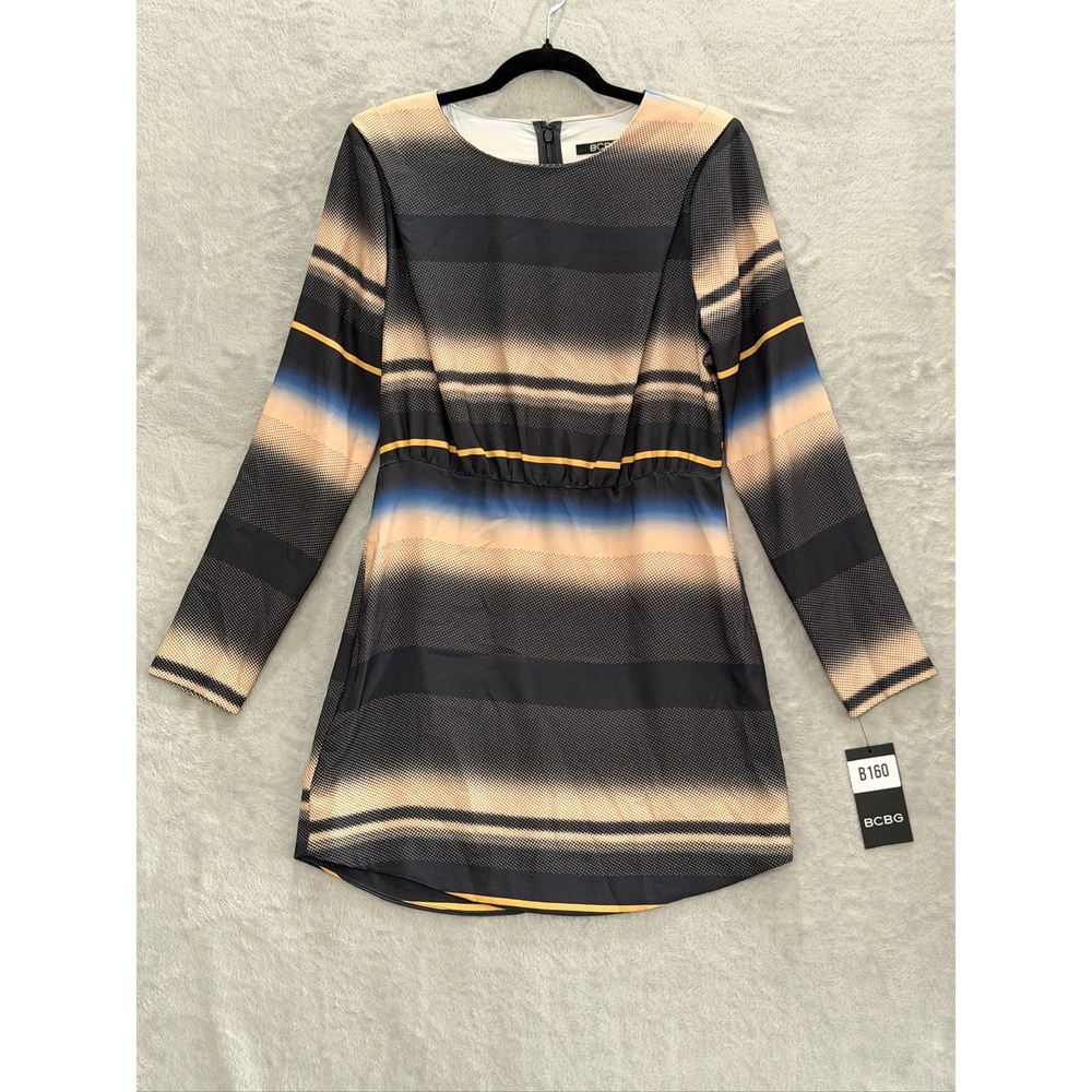 BCBG Mini Dress Women 6 Multi Ombre Stripe Long Sleeve Elastic Waist